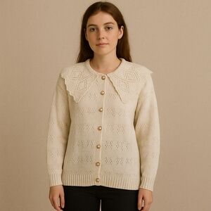 Crochet Peter Pan Button Up Cardigan White